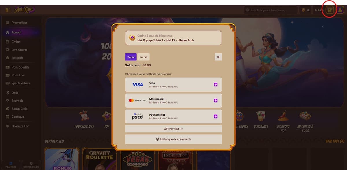 Dépôt AbuKing Casino