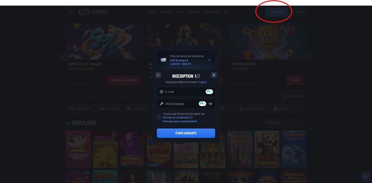 Inscription Aerobet Casino