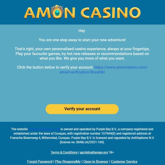 Vérification email Amoncasino