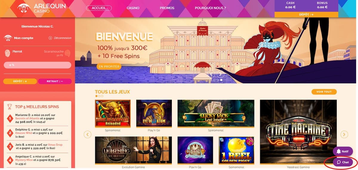 Bouton chat Arlequin casino