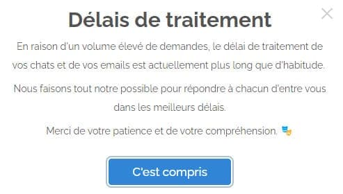 Délais service client Arlequin casino