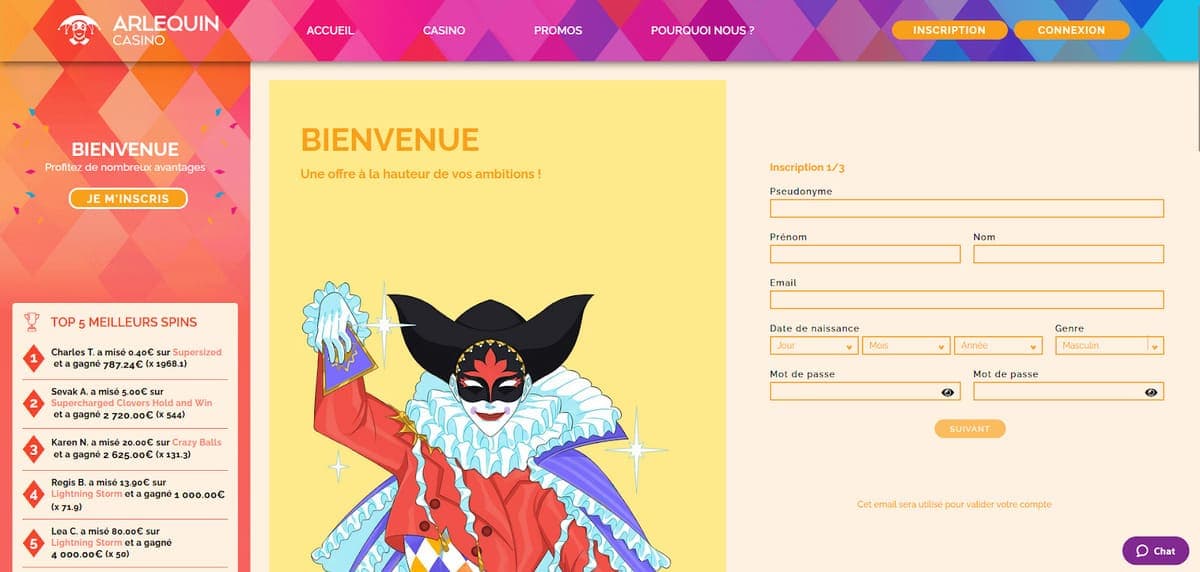 Inscription Arlequin Casino