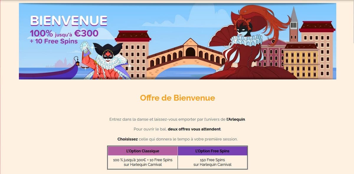 Offre de bienvenue Arlequin Casino