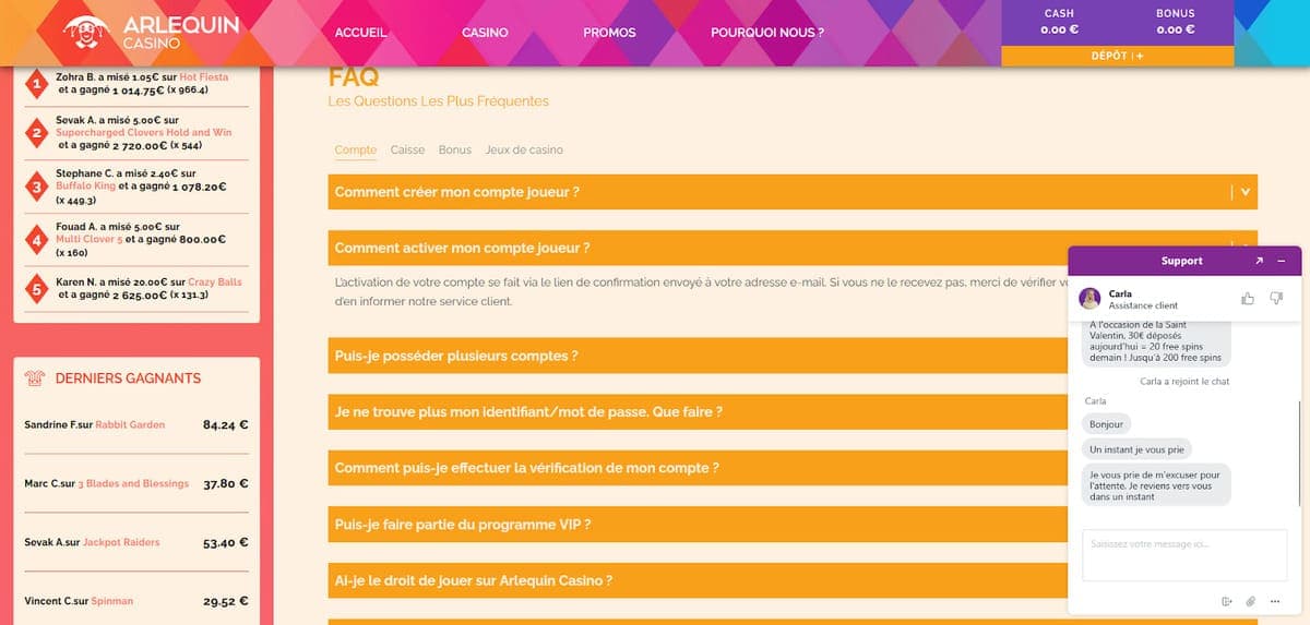 Service client Arlequin Casino