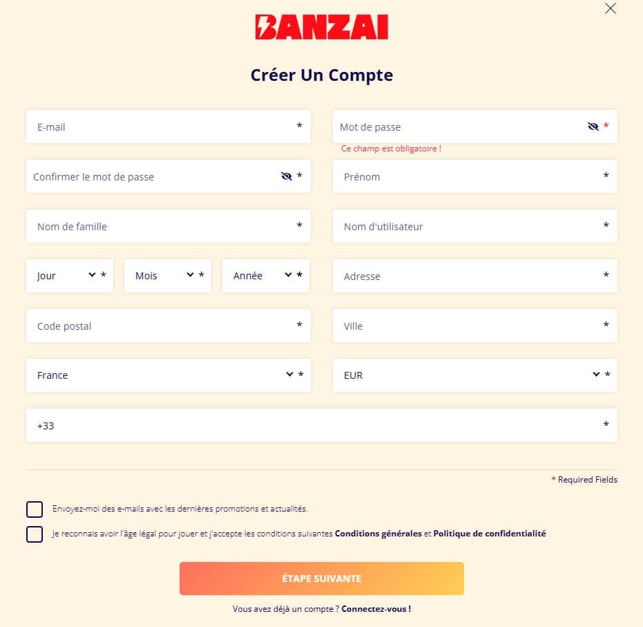 Création compte Banzai Casino