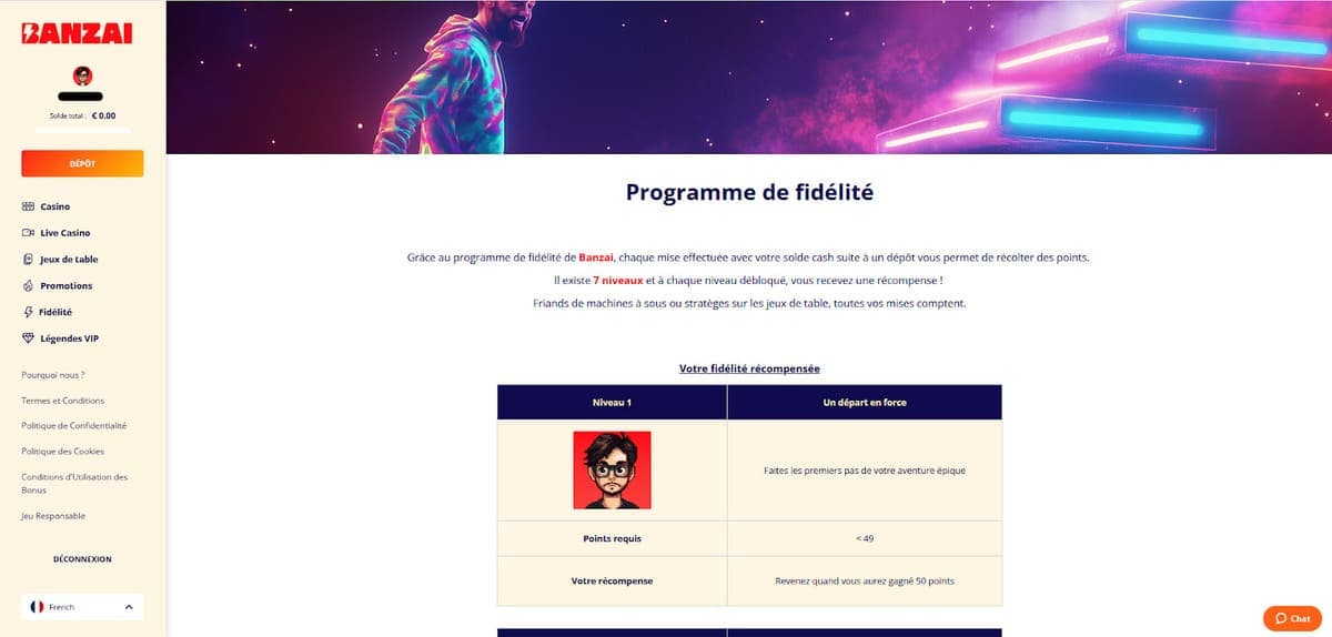 Programme fidélité Banzai Casino