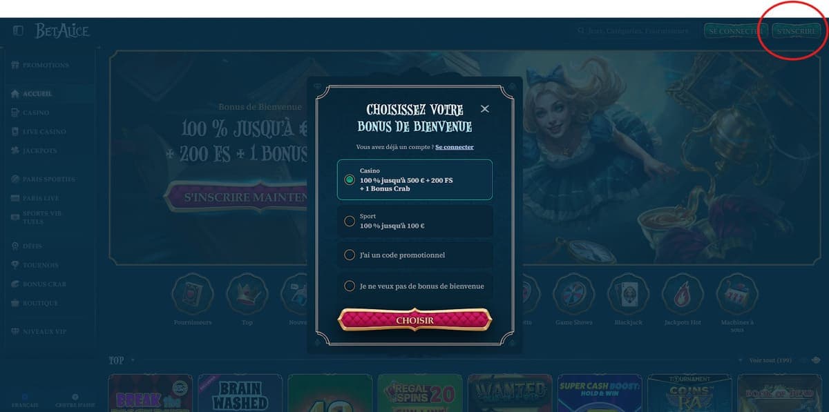 Choix bonus bienvenue BetAlice Casino