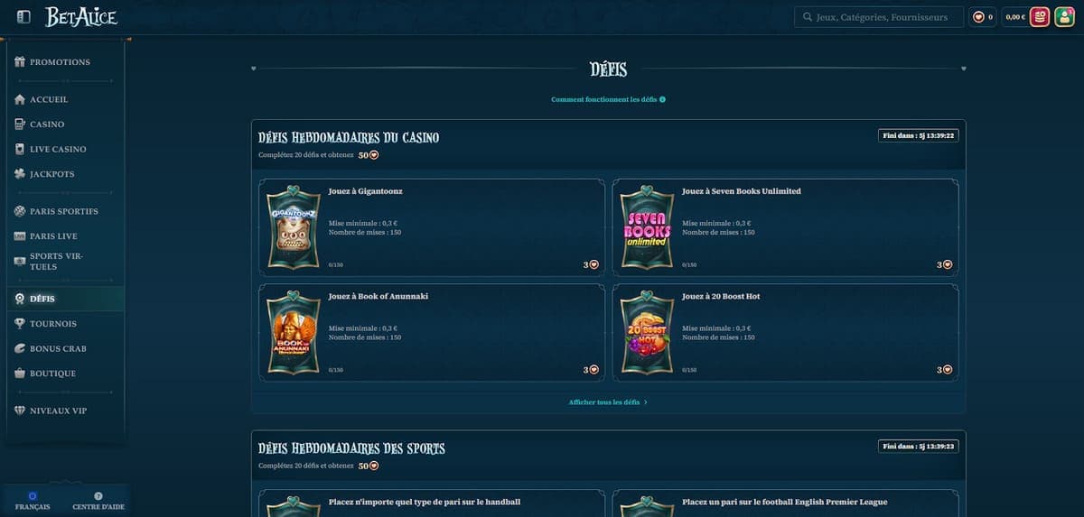 Défis BetAlice Casino
