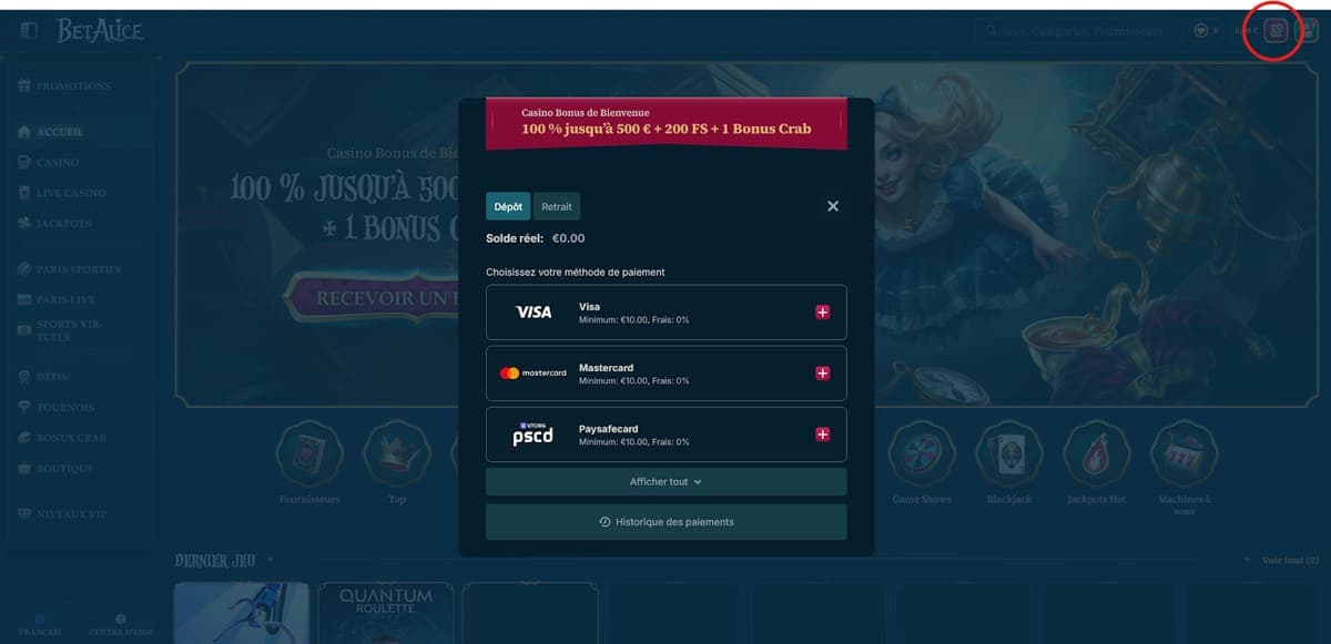 Dépôt BetAlice Casino