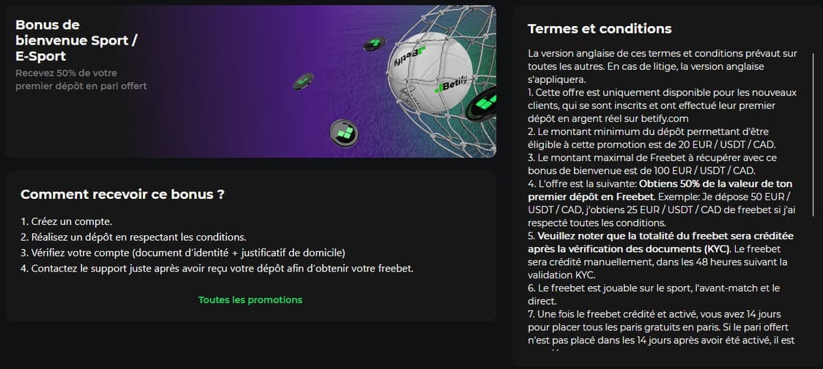 Bonus bienvenue sport Betify Casino