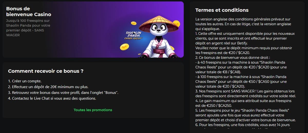 Bonus bienvenue Betify Casino