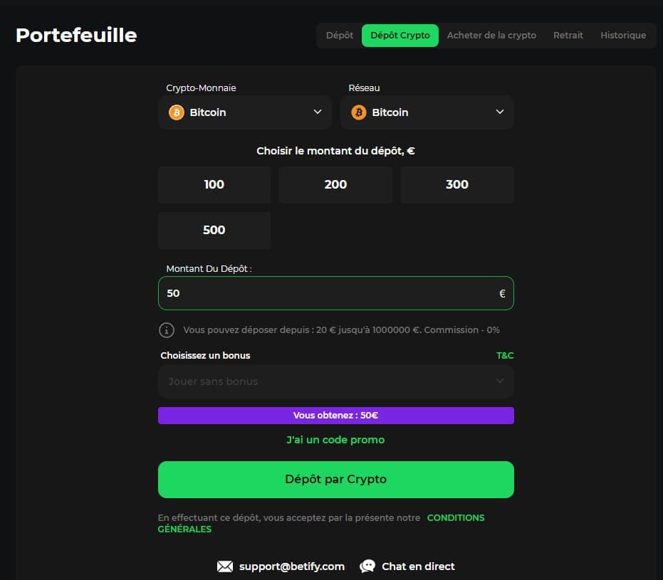 Dépôt en crypto Betify