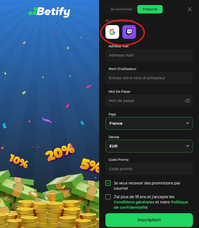 Inscription avec Google Betify