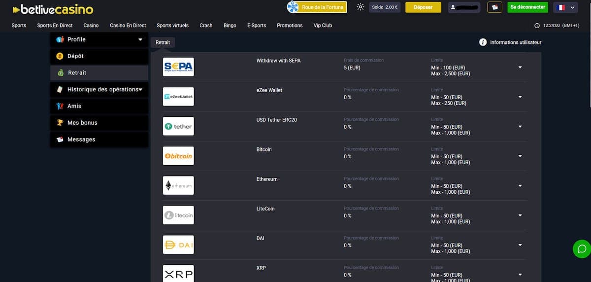 Retrait BetLive Casino