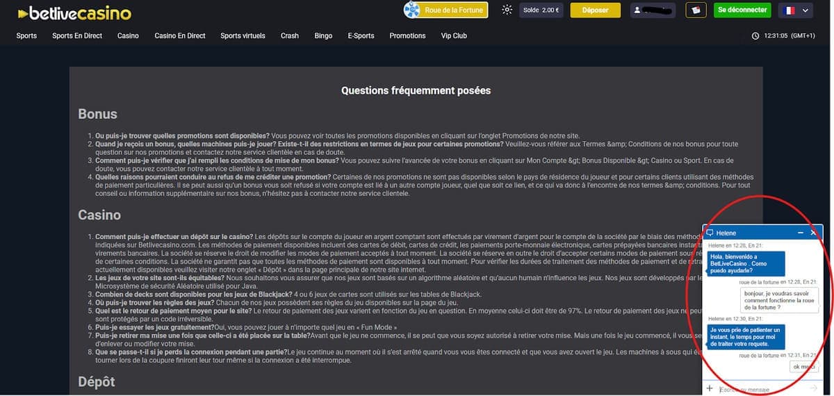 Service client BetLive Casino