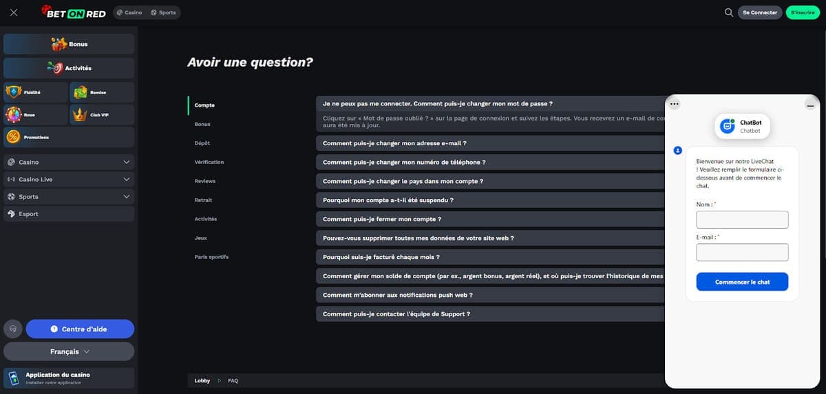 Service client Bet On Red Casino