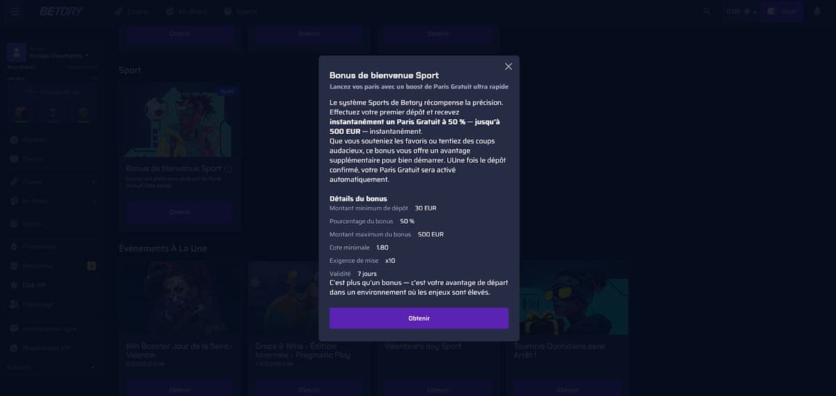 Bonus bienvenue sport Betory Casino