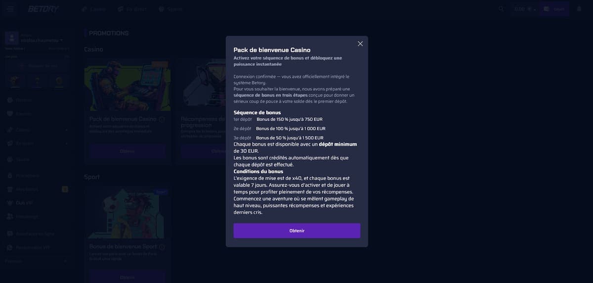 Bonus bienvenue Betory Casino