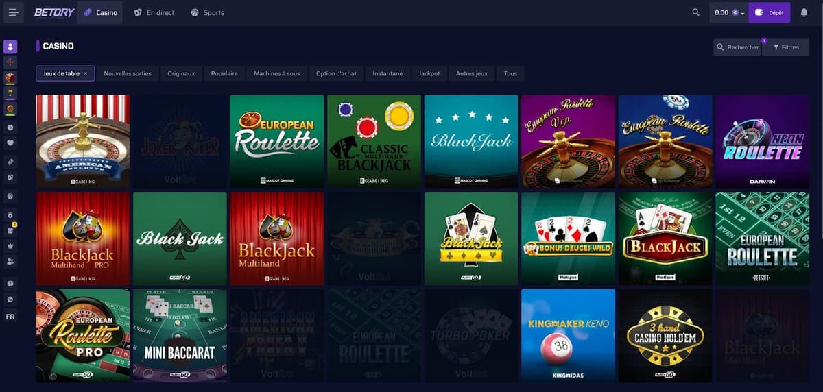 Jeux de table Betory Casino