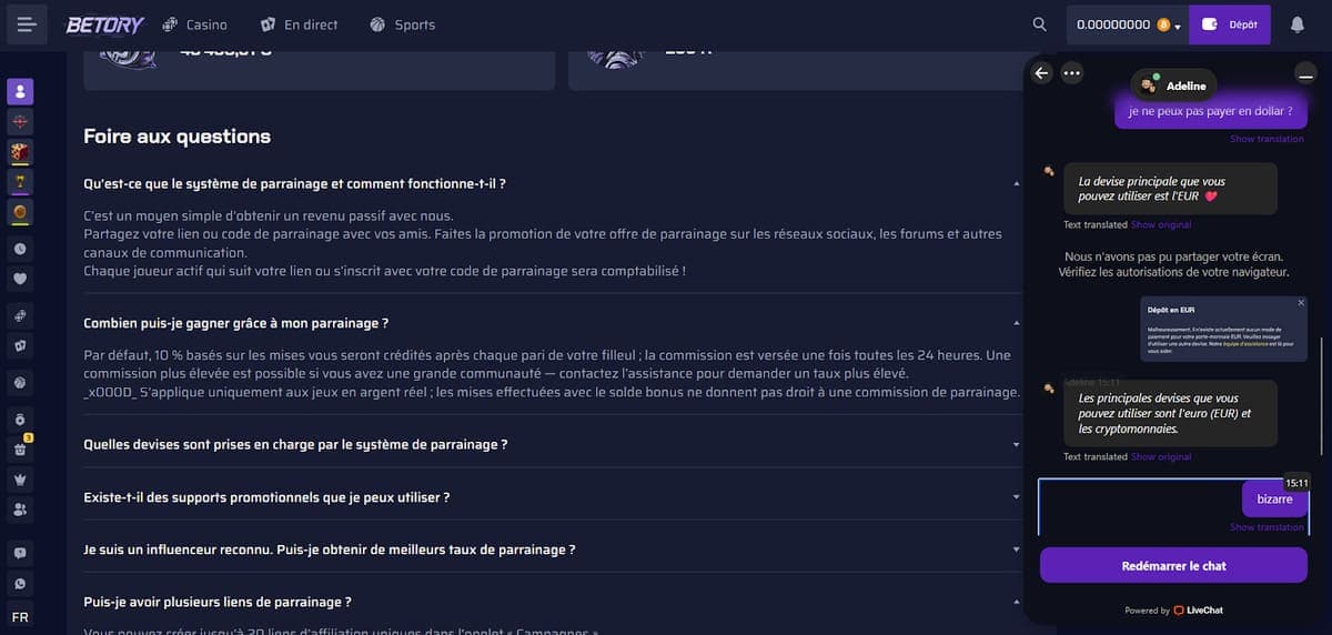 Service client Betory Casino