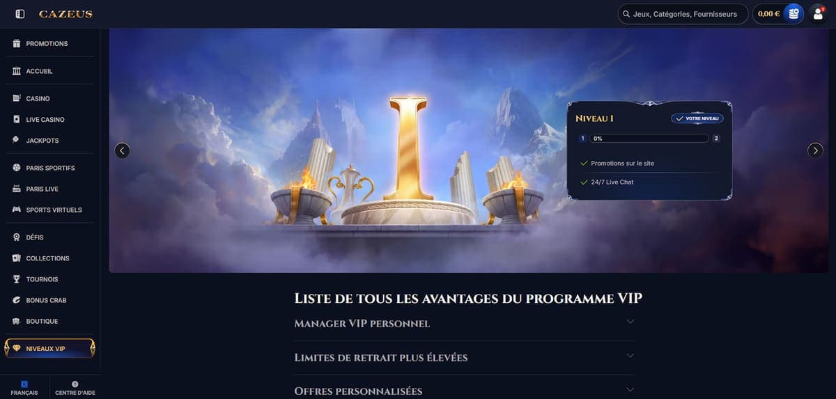 Niveaux VIP Cazeus