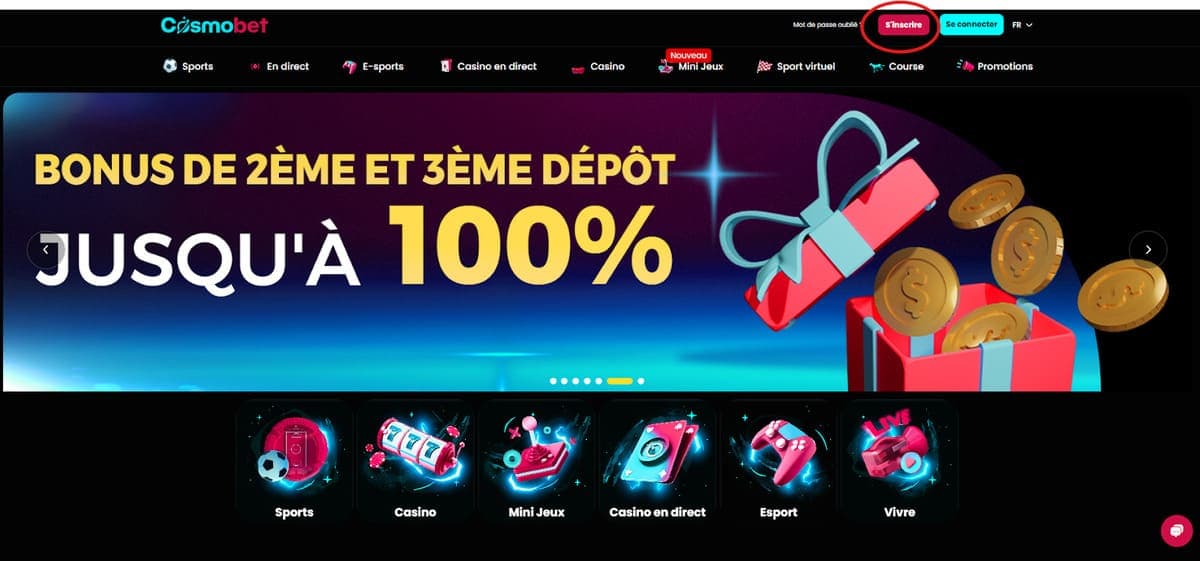 Bouton inscription casino Cosmobet