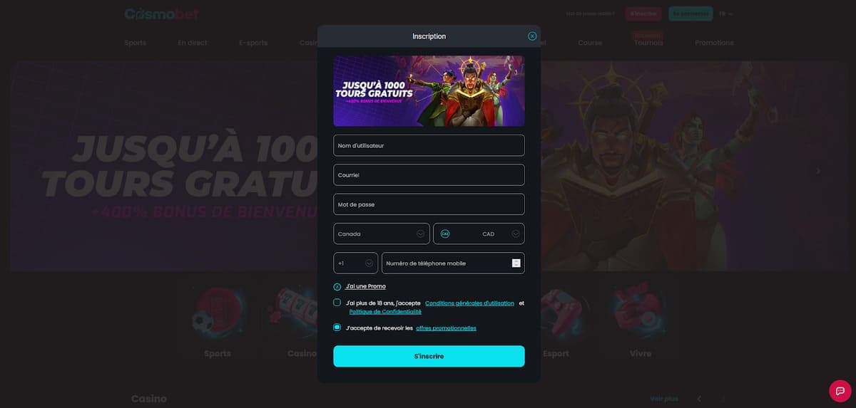 Inscription Cosmobet Casino