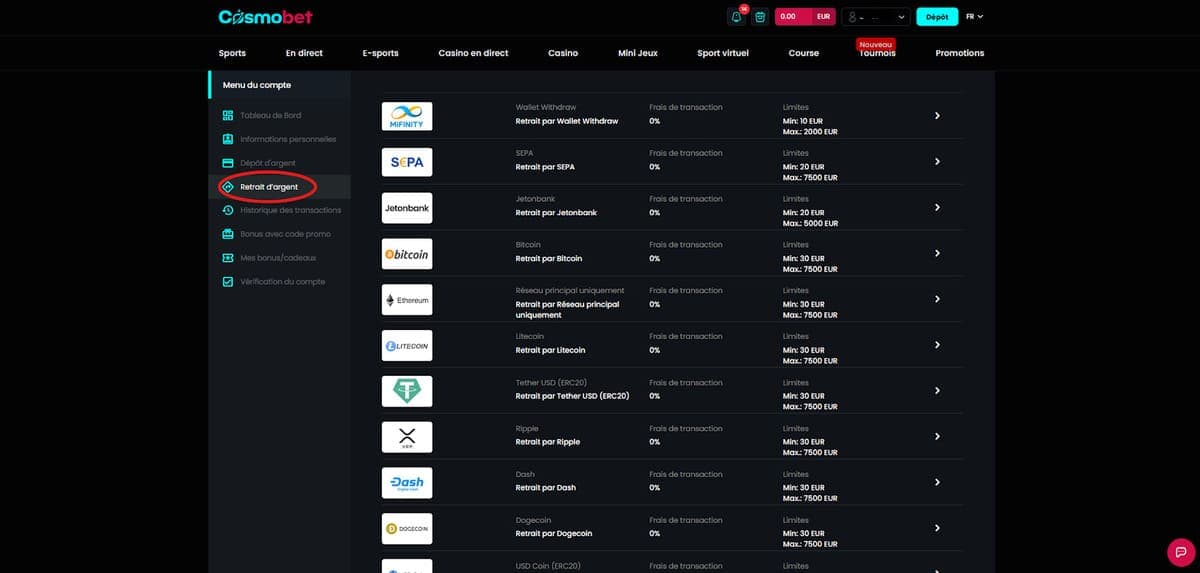 Retrait Cosmobet Casino