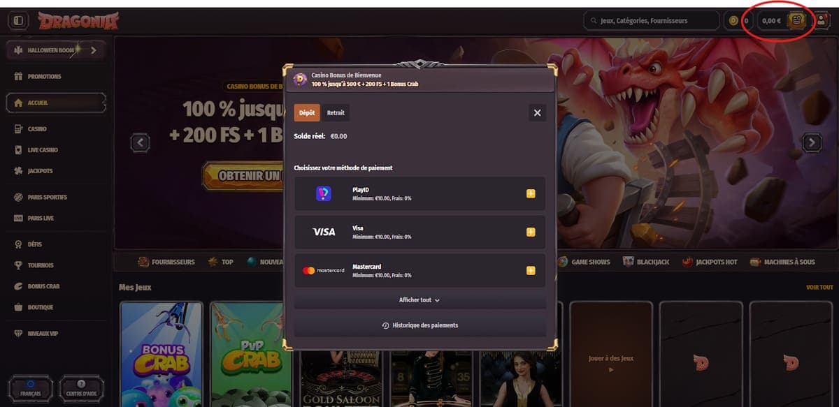 Dépôt Dragonia Casino