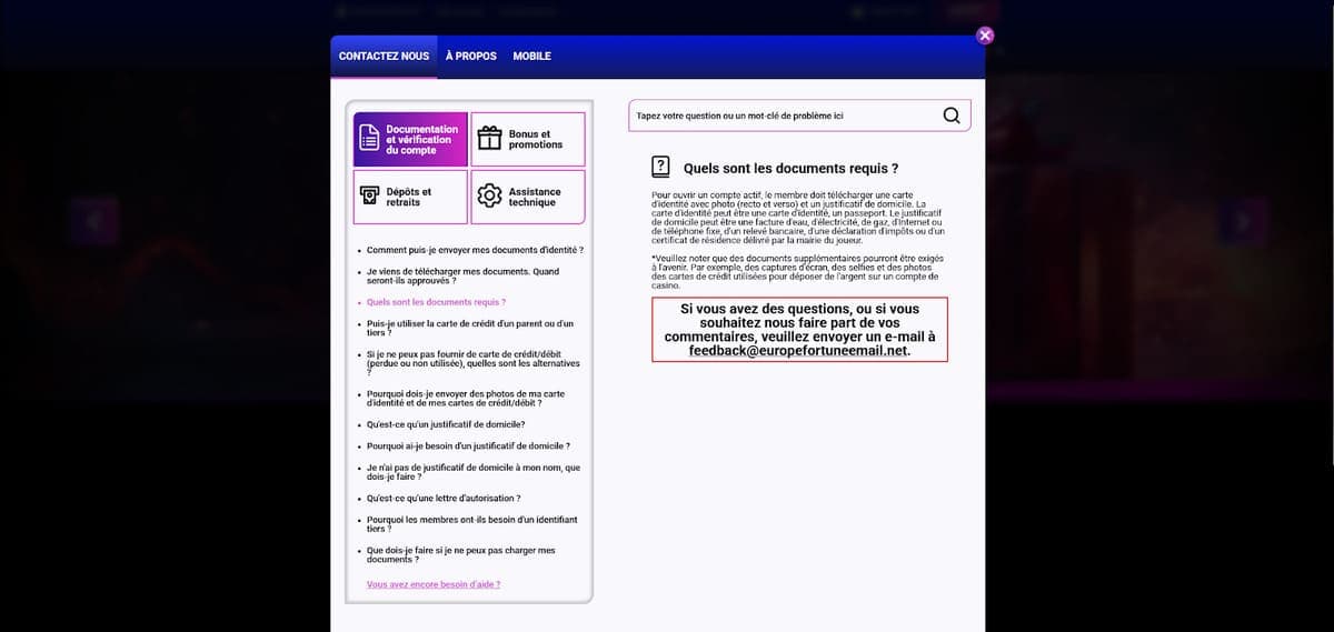 Service client Europe Fortune Casino