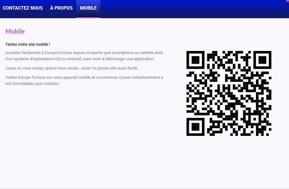 Version mobile Europe Fortune Casino