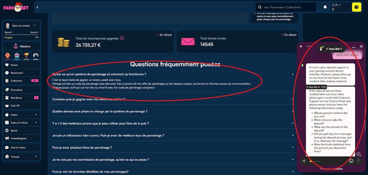 Service client Fanobet Casino