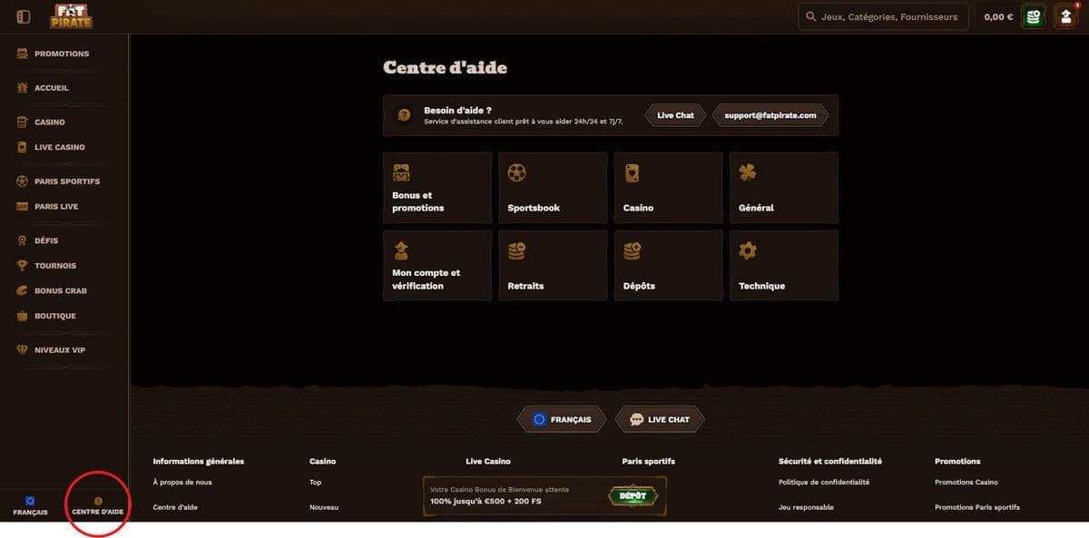 Centre d'aide Fat Pirate Casino