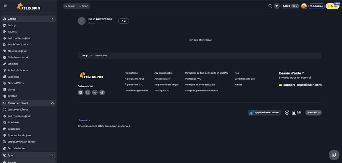 Gain instantané FelixSpin Casino