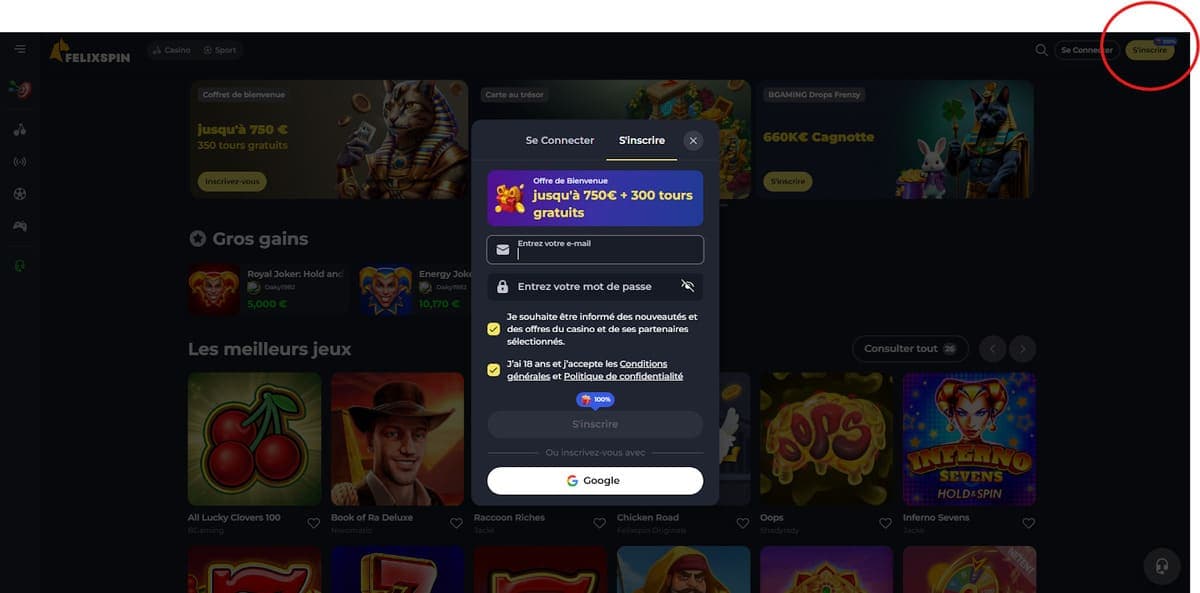 Inscription FelixSpin Casino