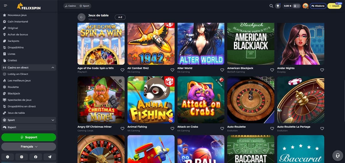 Jeux de table FelixSpin Casino