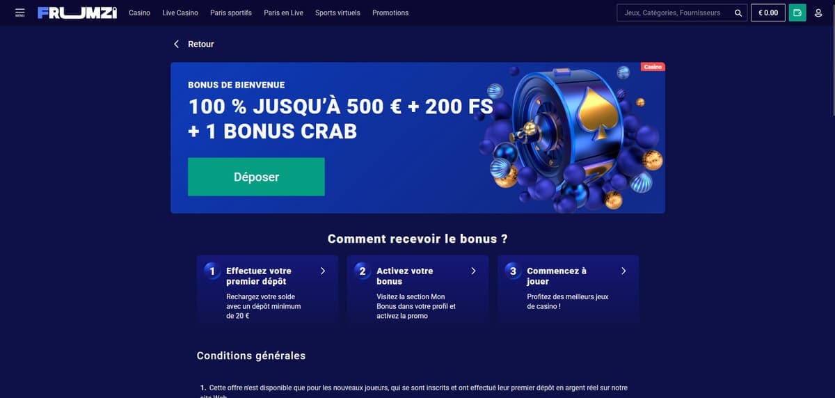 Bonus bienvenue Frumzi Casino