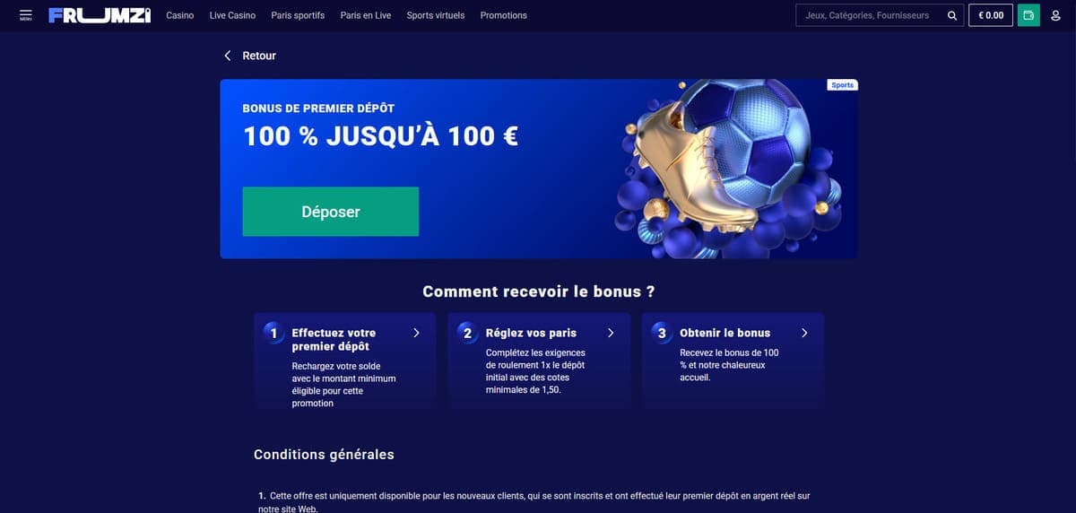 Bonus premier dépôt Frumzi Casino