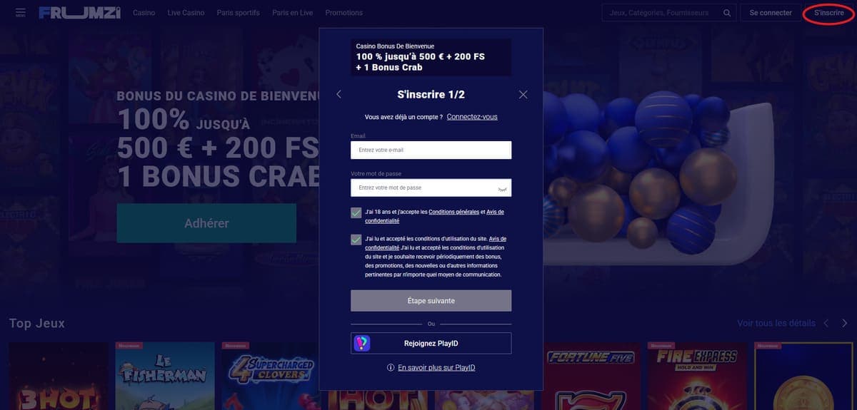 Inscription Frumzi Casino