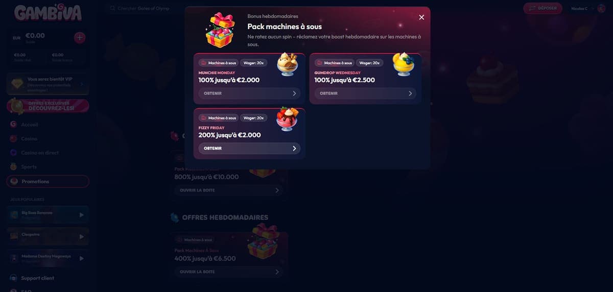 Bonus hebdos Gambiva Casino