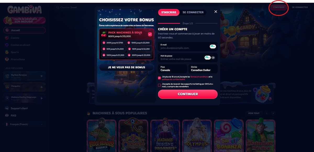 Inscription Gambiva Casino