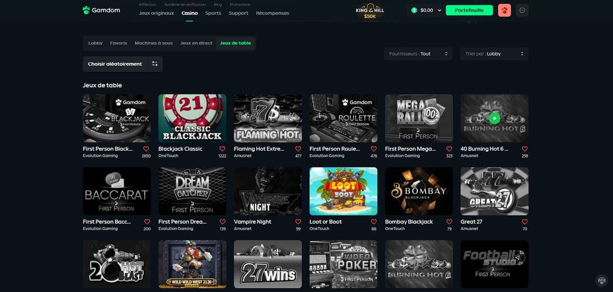 Jeux de table Gamdom Casino