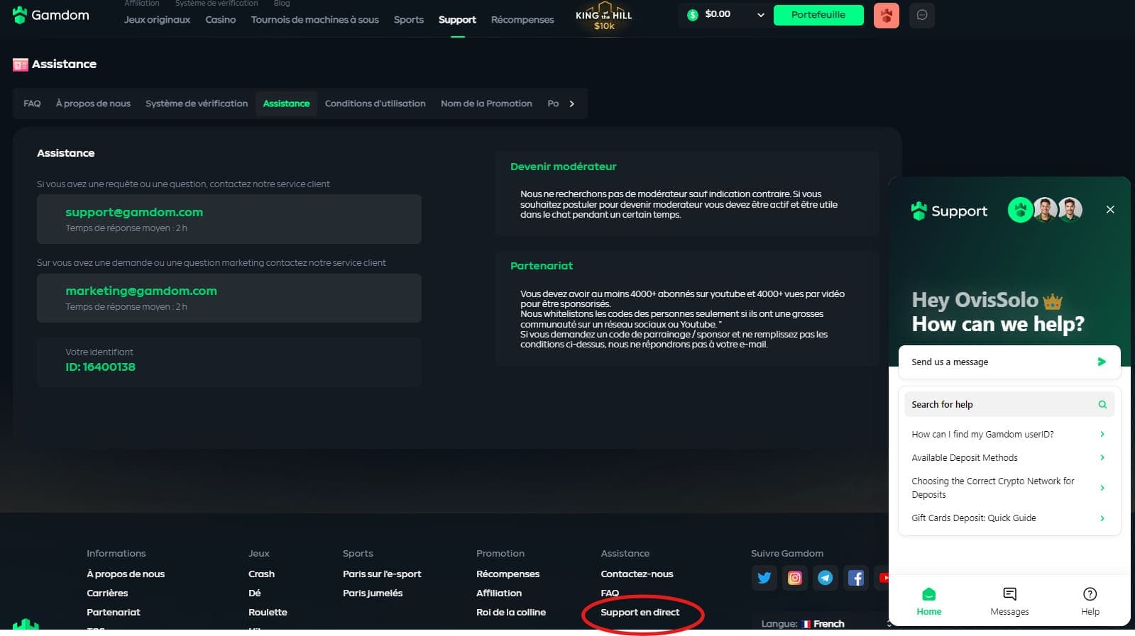 Support chat Gamdom casino