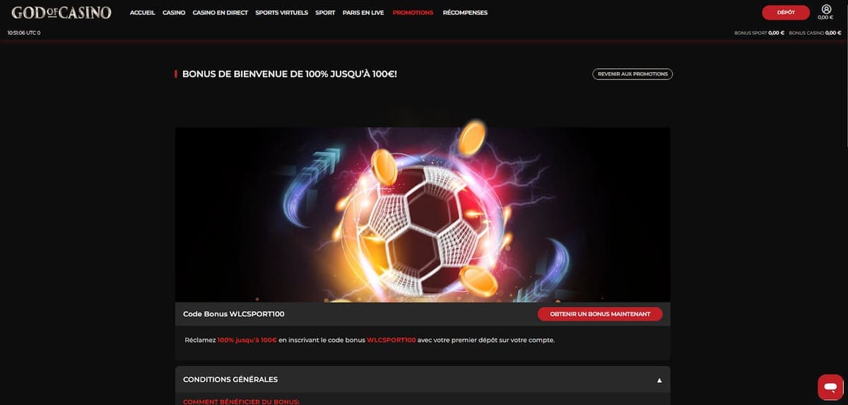 Bonus bienvenue God of Casino