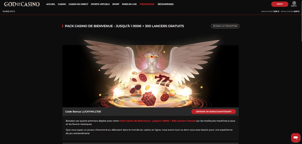 Pack bienvenue God of Casino