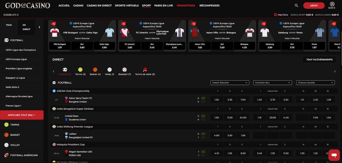 Paris sportifs God of Casino