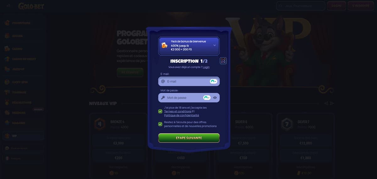 Inscription Golobet Casino