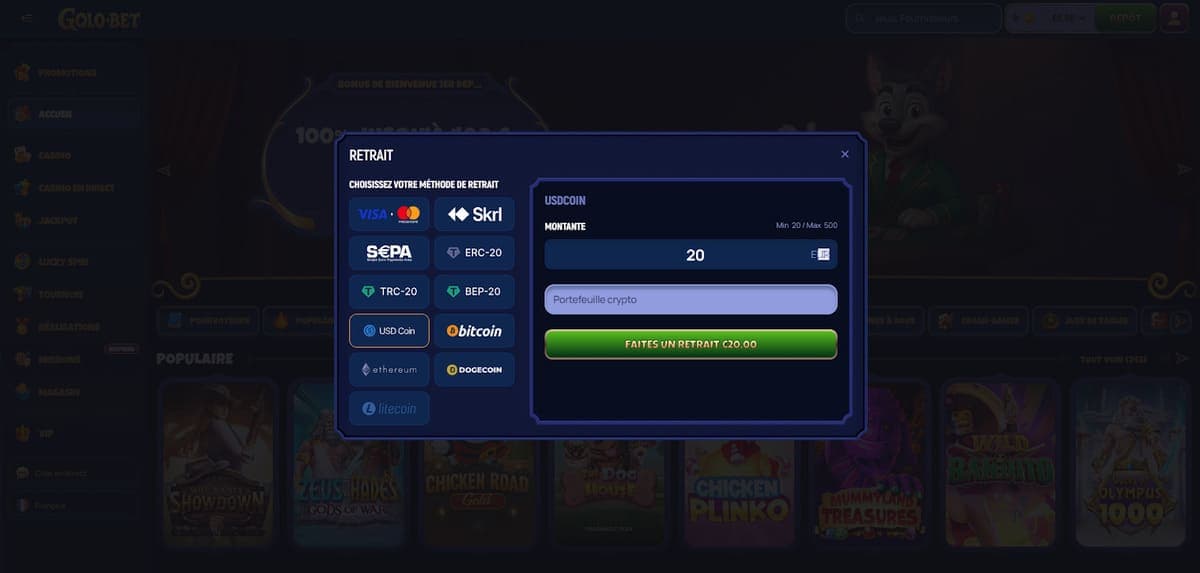 Retrait Golobet Casino