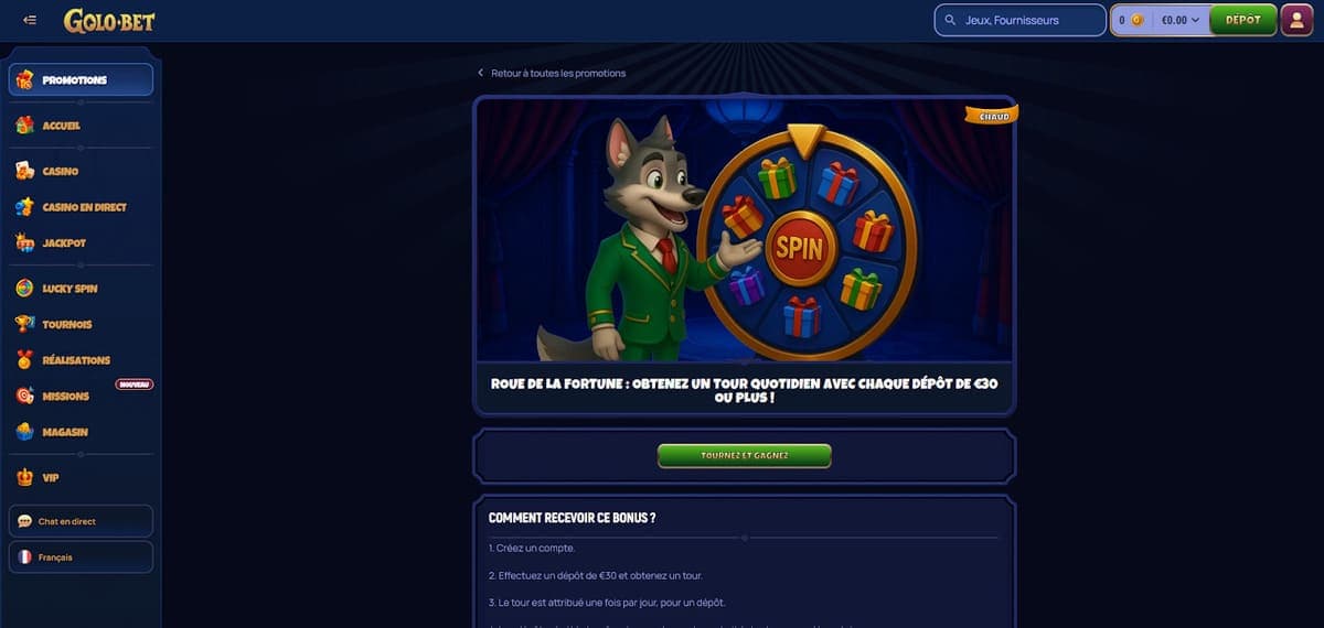 Roue fortune Golobet Casino