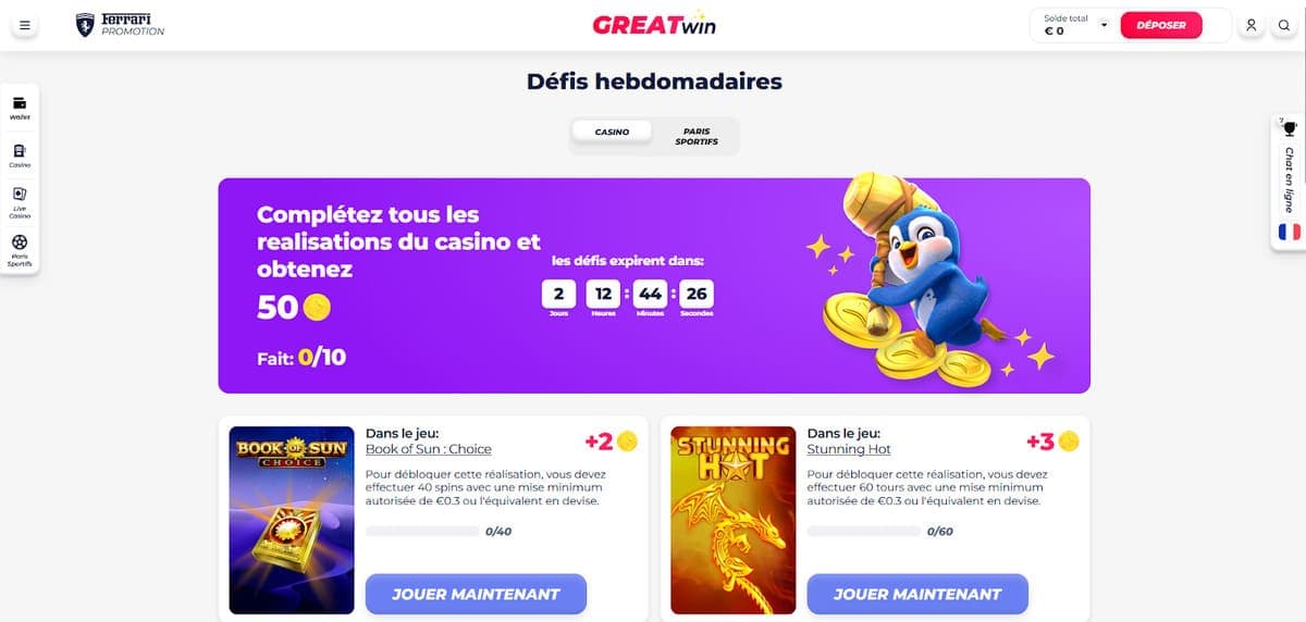 Défis hebdos GreatWin Casino